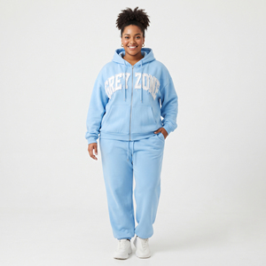 Conjunto Deportivo de Pantalones Anchos con Cierre y Bordado Desgastado para Mujer, Talla Grande, 100% Algodón Felpa, Estilo Vintage, 450 GSM - Product Image 1