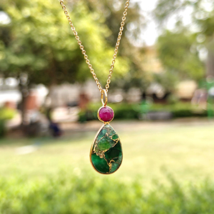 Best selling jewelry mohave ruby with emerald copper turquoise double stone pendant <b>necklace</b> gold plated chain women <b>necklace</b> - Product Image 4