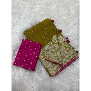 FANCY DOLA SECUENCIA DE SECUENCIA BORDADO HILO TRABAJO SAREE CON BLUSA DESECHADA MEHNDI - Product Image 1