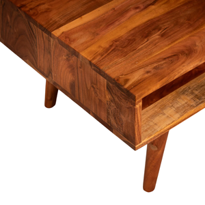 Table basse rectangulaire en bois d'acacia massif avec tiroir de rangement à motif hexagonal, finition brun foncé, pour salon et maison - Product Image 4