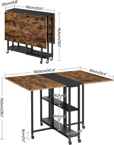 Table à manger pliante extensible avec roulettes et étagère de rangement à 2 niveaux, table de cuisine marron rustique pour petits espaces - Product Image 2