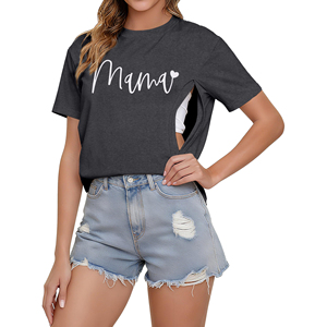 Camisetas de lactancia para mujer, de manga corta, cuello redondo, blusas de embarazo con capas superpuestas y tops de lactancia - Product Image 1