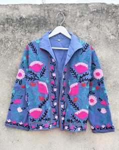 Blue Floral <b>velvet</b> bomber <b>jacket</b> Embroidered floral bird <b>jacket</b> Stand collar zip up <b>jacket</b> <b>Women</b> winter outerwear custom - Product Image 2