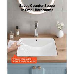 Lavabo Rettangolare in Ceramica Bianca da Incasso 20.87 X 14.76 Pollici con Foro di Troppopieno, Montaggio a Incasso sul Piano - Product Image 2