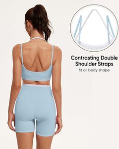 Light Blue Yoga Set Women 2 Piece Spaghetti Strap <b>Crop</b> <b>Top</b> High Waist Shorts Seamless Breathable Solid Color Workout Outfit - Product Image 5