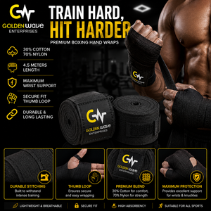 Bandages et bandes de boxe en nylon de haute qualité Golden Wave, prix usine, pour Taekwondo, boxe, entraînement MMA et combats. - Product Image 3