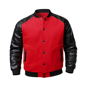 Men's Red Black Varsity <b>Jacket</b> PU Leather Sleeve Turn-down Collar Casual Autumn Wear Regular Fit - Product Image 1