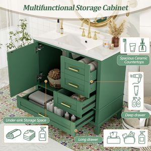 Mueble de Baño Moderno de 36 Pulgadas, Color Verde, con Estructura de Pino Sólido, 1 Puerta con Cierre Suave y 3 Cajones, Serie W - Product Image 6