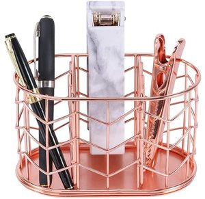 Rose <b>Gold</b> Metal <b>Pen</b> Holder Round Wire Design Geometric Pattern Desk Organizer for <b>Pens</b> Pencils Clips - Product Image 1