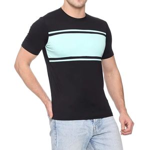Camiseta Negra de Cuello Redondo con Panel Horizontal Azul Claro - Moda Casual Moderna, Tejido de Algodón Transpirable, Ropa Urbana de Verano - Product Image 3