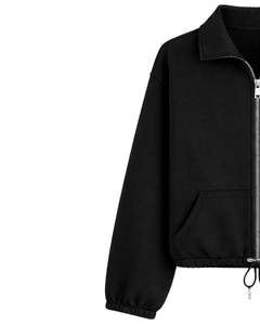 Sudadera negra corta de forro polar con cremallera completa para mujer, cuello polo, bolsillos delanteros, dobladillo con cordón ajustable, top informal cálido estilo streetwear - Product Image 2