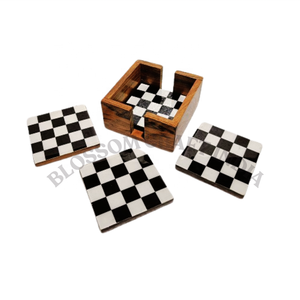 Ensemble de 4 sous-verres élégants et luxueux, écologiques, en bois de manguier poli, résine et marbre, motif d'échiquier élégant, décoration de table - Product Image 5