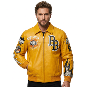 Men's Genuine Leather Bomber <b>Jacket</b> Front <b>Rhinestone</b> Embroidery Patchwork Custom Avirex Design Turn-down Collar Zipper Closure - Product Image 6