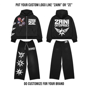 ชุดเซ็ต ZAINI พรีเมียม ผ้าฝ้ายฟลีซ 350 กรัม สำหรับผู้ชาย ชุดวอร์มถักทอระบายอากาศได้ดี สีดำ เสื้อฮู้ดดี้ กางเกงขายาวทรงกว้าง สไตล์ลำลอง - Product Image 1