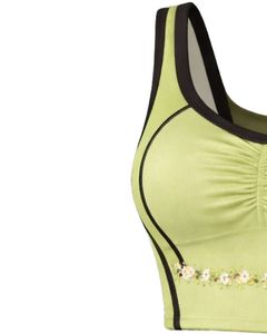 Ensemble jupe deux pièces vert clair personnalisé pour femme, haut court sans manches, mini-jupe taille haute avec bordure florale, tenue d'été extensible et tendance - Product Image 3