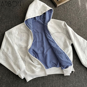 Sudadera con capucha y cremallera a cuadros, reversible, holgada, con estampado gráfico, color gris, nueva llegada 2026, servicio OEM ODM - Product Image 6