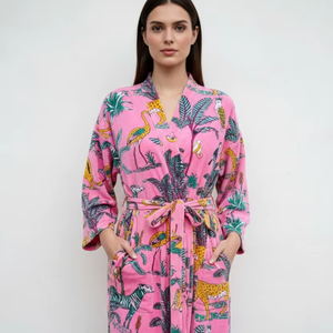 Robe en velours kimono pour femme, col en V, fermeture à cordon, longue, manches longues, imprimé, style élégant, hiver/automne - Product Image 1