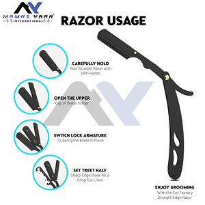 มีดโกนหนวดคุณภาพพรีเมียม สีดำ สำหรับช่างตัดผม ทำจากสแตนเลสอย่างดี ใช้โกนขนบนใบหน้า มีดโกนตรง  รับทำโลโก้ตามสั่ง - Product Image 6