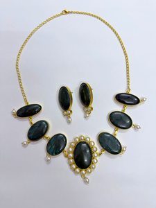 Gold Plated Natural Gemstone <b>Necklace</b> <b>Set</b> With <b>Pearls</b> Brass Fashion Jewelry <b>Set</b> for Women OEM/ODM - Product Image 1