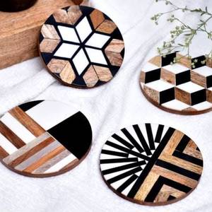 <b>Round</b> Wooden Coaster <b>Set</b> With Geometric Flower Design Black White Brown Modern <b>Table</b> Mats Non Slip 7 Mm Thickness - Product Image 2