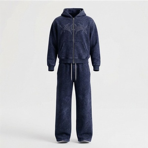 <b>Acid</b> Wash Streetwear Oversized Zip-up Hoodie <b>Drop</b> Shoulder Straight Leg Pants Men's Winter Fleece Quick Tracksuits - Product Image 1