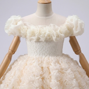 Rosavielle Ivory Satin Solid 3D Rose Puff Sleeve <b>Flower</b> Girl Dress Luxury Princess Wedding Party Ball Gown OEM ODM Soft Lining - Product Image 4