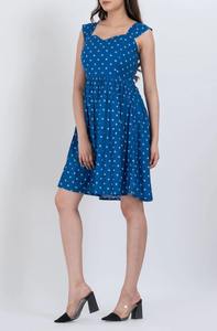 Robe Courte en Coton à Motifs Floraux, Col Cœur, Bleue, pour Femmes, Tendance, Légère, Robe d'Été, Disponible au Meilleur Prix, Exportateur Indien - Product Image 4