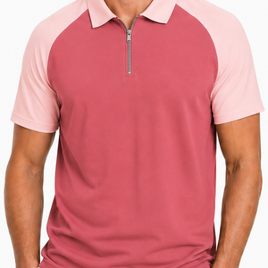Polo à col zippé pour homme, rose vif et rose clair, manches raglan color block, logo personnalisé, très demandé, pour le golf - Product Image 2