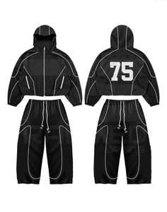 Black Tracksuit 2 Piece Hooded Zipper Jacket And <b>Pants</b> Reflector <b>Lines</b> Quick Dry Sporty Style For Adults Tracksuit - Product Image 5