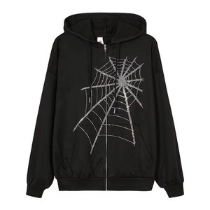 Sweat à capuche Wearpex Spider Web Rhinestone 100% coton molletonné pour homme et femme, fermeture éclair noire, style streetwear oversize unisexe, bling, luxe, hip-hop - Product Image 3