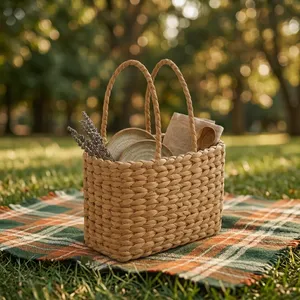 KOTTRAVAI Modern Natural Water Hyacinth Woven Storage Basket with Braided Handle From Tamil Nadu for Kitchen Organizer <b>Bin</b> - Product Image 6