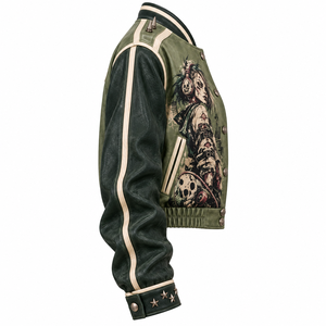 Chaqueta Bomber Varsity de Cuero Genuino Verde Oliva para Mujer con Diseño de Calavera Personalizado y Puños con Estrellas, Servicio de Fábrica OEM - Product Image 3