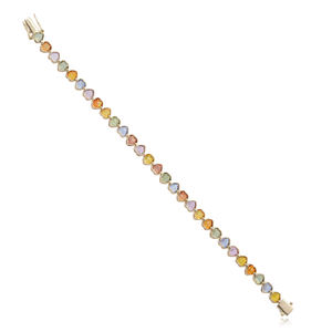 Pulsera de tenis de oro amarillo de 14k con zafiros multicolor engastados en bisel, forma de corazón, joyería fina hecha a mano, venta al por mayor - Product Image 3