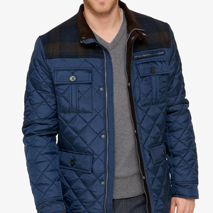 Men's Navy Blue Canvas <b>Quilted</b> Jacket Stand Collar Zipper Closure Windproof Casual Winter Regular Fit Polyester <b>Wadding</b> Letter - Product Image 4