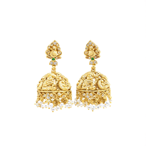 Mahalakshmi Antique Gold Plated Brass Drop Earrings with Diamond Pearl and Moissanite - Product Image 2