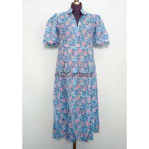 Nuevo Vestido Midi de Punto de Algodón con Estampado Floral Bohemio Indio, Cuello en V, Manga Corta, para Mujer, Verano, Playa, Oficina, Casual - Product Image 1