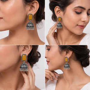 Pendientes Jhumka Rectangulares de Plata Oxidada Amarillo Miel al por Mayor, Joyería Étnica India Vintage Hecha a Mano para Mujer - Product Image 5