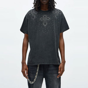 T-shirt en coton noir surdimensionné pour homme, manches courtes, col rond, motif croix en strass, style streetwear, tee-shirt en strass - Product Image 1