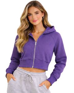 Sudadera con capucha corta para mujer, color morado, de algodón premium, corte ajustado, estilo casual, ropa de calle, chaqueta de moda para damas - Product Image 1