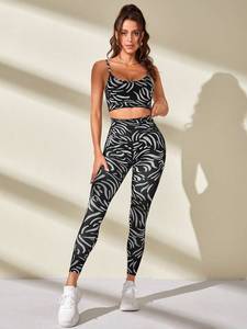 <b>Black</b> White Abstract Print 2 Piece Yoga Set High Waist <b>Leggings</b> Crop Top Spaghetti Strap Seamless Four-Way Stretch - Product Image 6