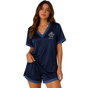Conjunto de Pijama de Satén Azul Marino para Mujer, Cuello en V, Manga Corta, Top y Pantalones Cortos, Ropa de Dormir Suave, Ropa de Casa, Personalizable OEM - Product Image 1