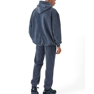 Unisex Dark Blue Washed Polyester Breathable <b>Lightweight</b> <b>Hoodie</b> Sweatpants Set Casual Loose Fit Full Sleeve Solid Tracksuit - Product Image 3