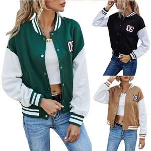 <b>Women's</b> Green Varsity <b>Jacket</b> With <b>White</b> Sleeves Full Length Button Up Collar Solid Color Contrast Design Autumn Wear - Product Image 5