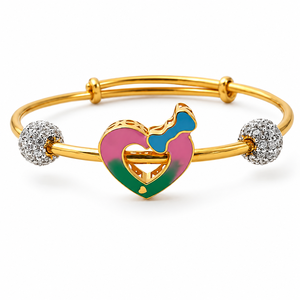 Brazalete de Oro Amarillo de 18K con Dijes de Corazón y Cuentas de Diamantes, Esmalte Colorido, Alto Brillo, Joyería de Regalo para Mujer - Product Image 3