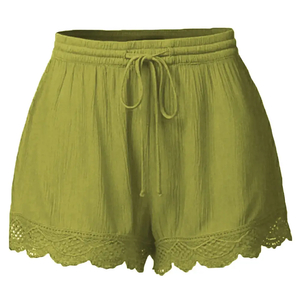 Shorts de Lino Casuales para Mujer con Ribete de Encaje, Cintura Alta Elástica con Cordón, Pantalones Cortos de Playa para Verano, Fabricante OEM - Product Image 1