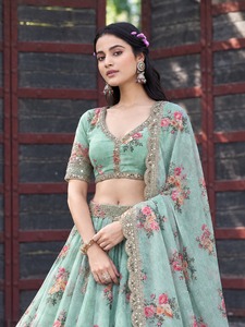 Mint <b>Green</b> <b>Silk</b> Indian Pakistani Set Lehenga Choli Dupatta V Neck Floor-Length Festive Wedding Outfit - Product Image 3