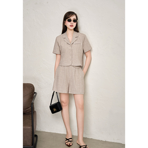 Conjunto de Chaleco Corto y Pantalones Cortos Beige para Mujer, Estilo Casual, Cuello con Muescas, Cómodo, Antiestático, con Botones, ZELDA - Product Image 1