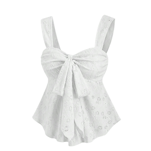 Top de Tirantes Anchos con Lazo Floral, Estilo Peplum, Sin Mangas, Transpirable, Liso, Color Blanco, para Verano - Product Image 1