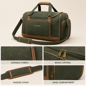 Sac de voyage vintage vert personnalisé avec logo, compartiment à chaussures, grande capacité, en toile cirée, idéal pour la gym – Vente en gros, Meilleures ventes - Product Image 5
