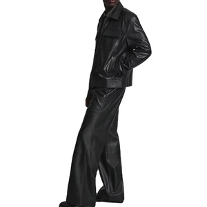 Veste en cuir noire pour homme, col rabattu, fermeture éclair, style workwear, manches classiques, couleur unie, vêtement d'automne - Product Image 3
